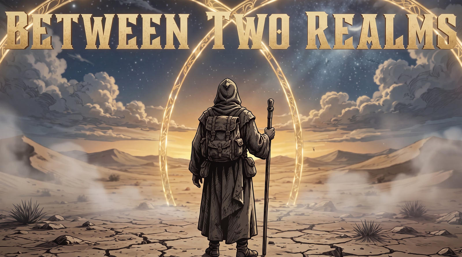 A hooded pilgrim with staff and pack stands on cracked ground before a radiant golden gateway, the wastes of this age opening onto a starlit dawn.