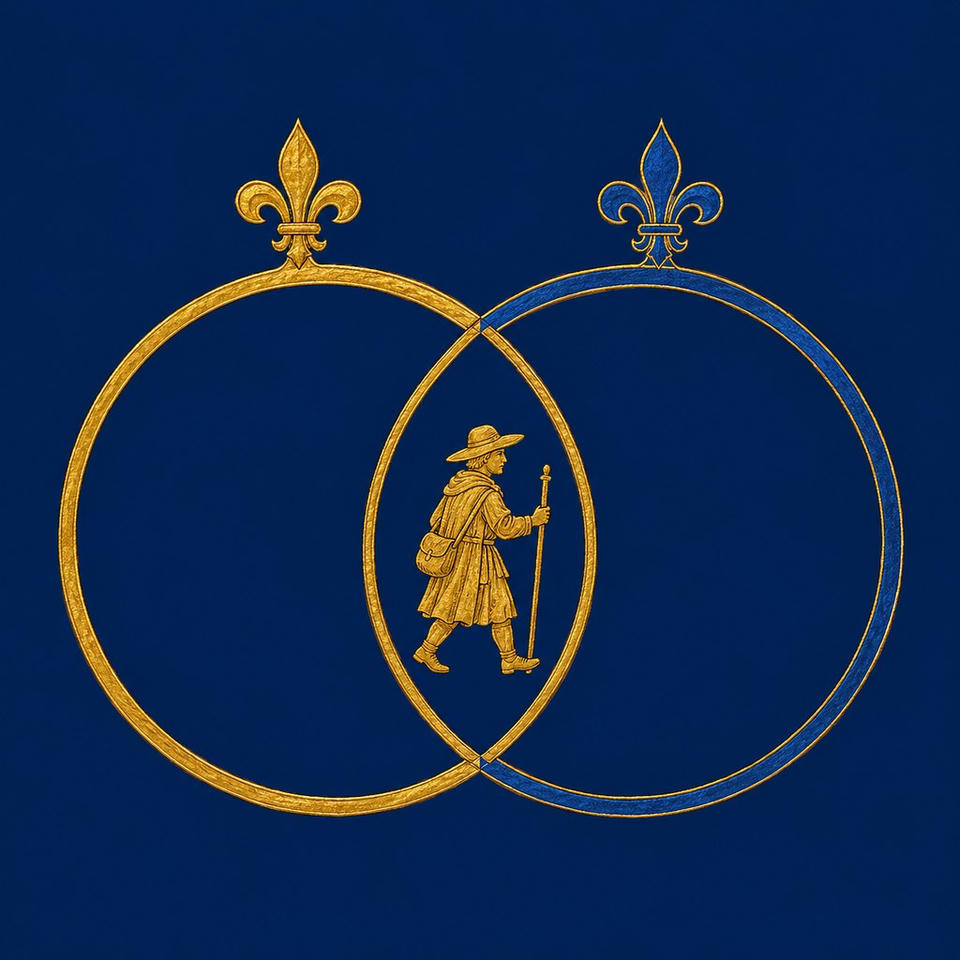 A gold pilgrim with staff, hat and satchel walks in the almond-shaped overlap of two interlocked rings, one gold and one lapis, each crowned with a fleur-de-lis, on a deep lapis ground: the sojourner on the road between two realms.